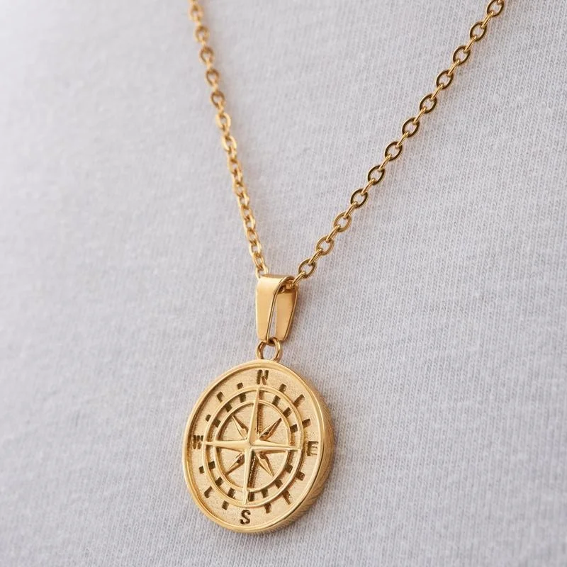 

Wholesale 18k Gold Plated Coin Jewelry Stainless Steel North Star Compass Pendant Necklace