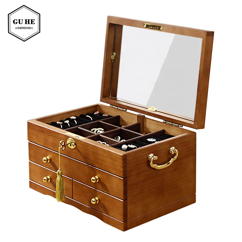 

Large capacity small jewelry storage Solid wood multi-layer Earring necklace watch bracelet storage case Jewelry box, Brown