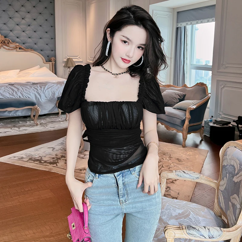 

ZYHT 5724 Drop Shipping Square Neck Short Sleeve Black Mesh Sheer Elegant Ladies Blouse Women Tops