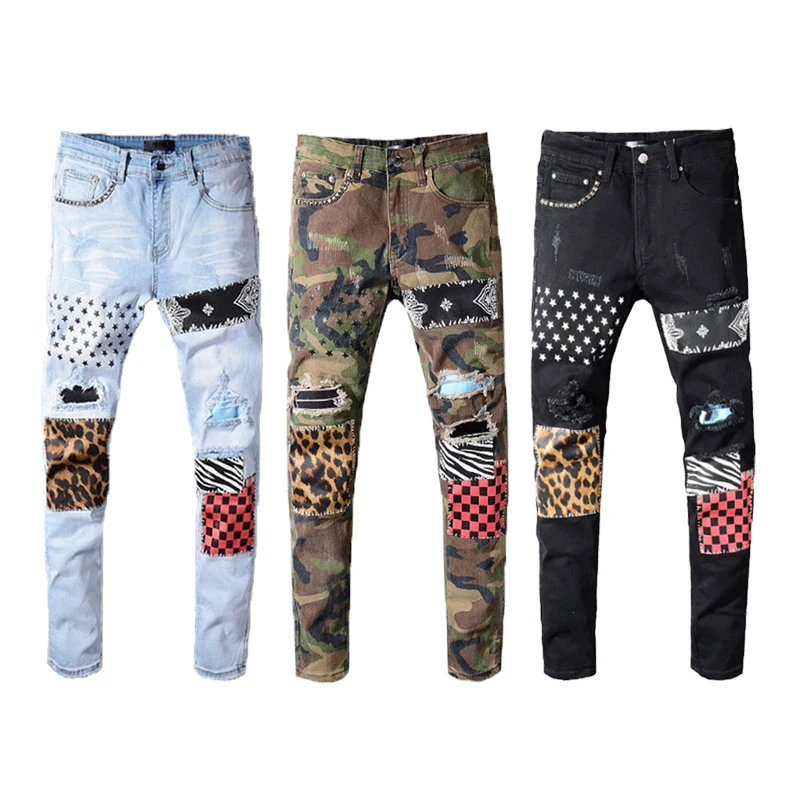 

New Amiry Style Jeans Men Light Blue Slim Fit Patchwork Embroidery Stretch Skinny Amiry Men Jeans