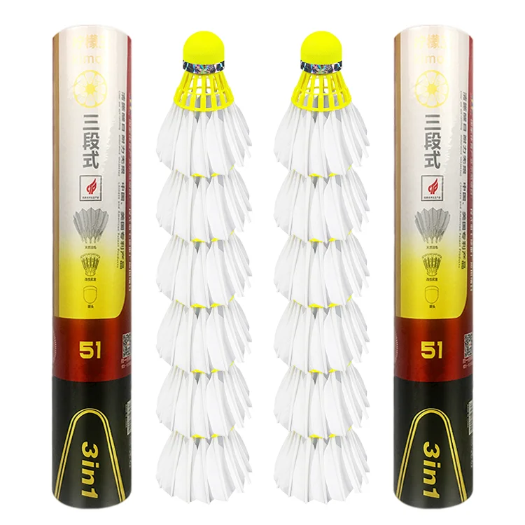 

3in1 Factory supply Class A goose feather shuttlecock with Fluorescent Yellow Fiber super durable stable dmantis D51, Natural white