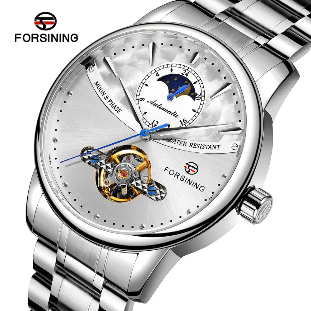 Forsining Luxury Design Water Resistant Stainless Bracelet Men Wrist Watch Gift Fast Ship Automatic Mechanical Moonphase Watches