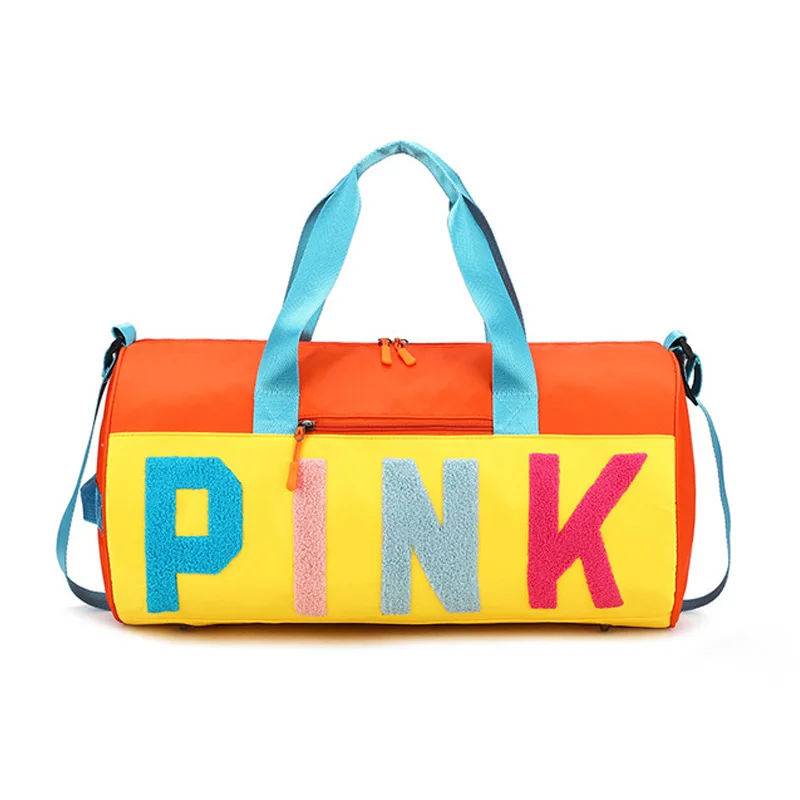 

Waterproof New Design Colorful Pink Logo Girl Gym Sports Casual Travel Pink Sports Duffel Bags, 11 colors