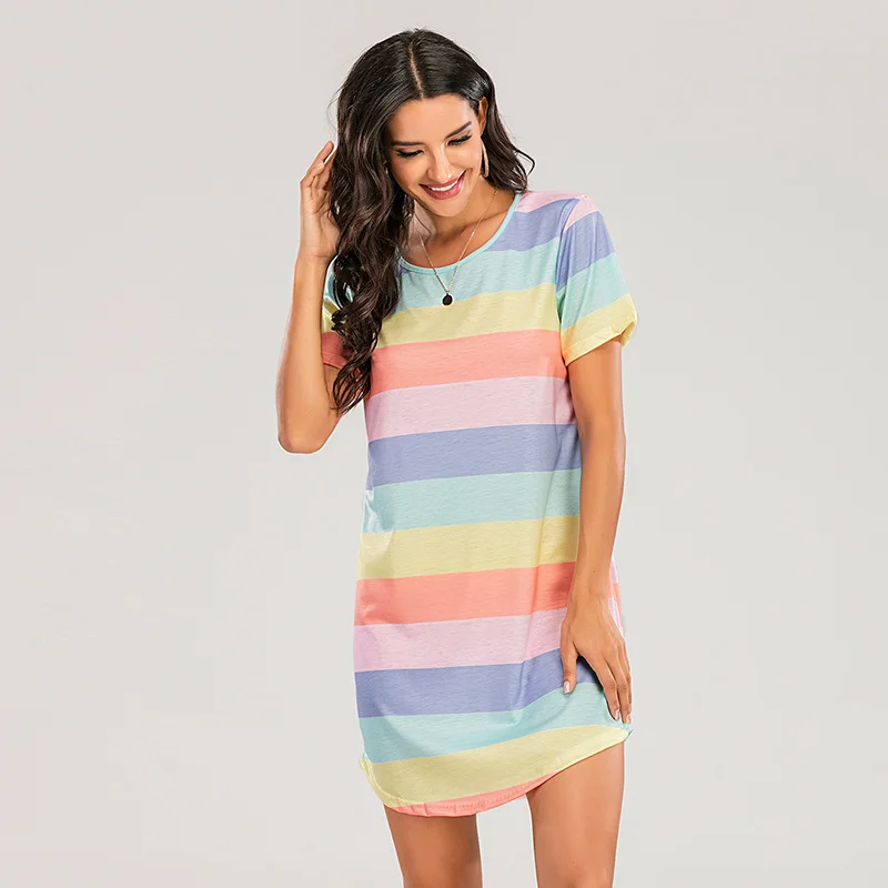 

Fashion Short Sleeve Rainbow Striped Loose Casual Home Nightdress for Ladies