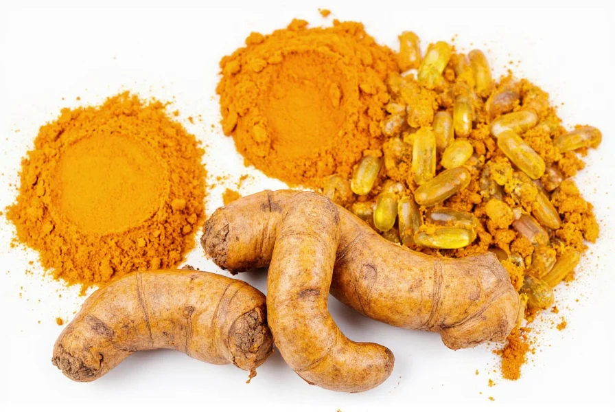 Turmeric root, powder, and supplement capsules showing different forms of turmeric for daily consumption
