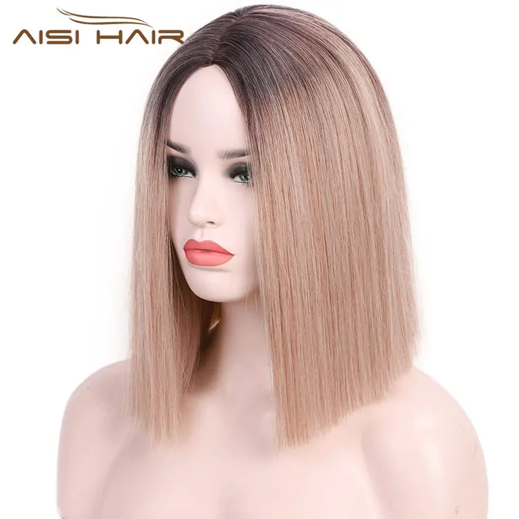 

OMG Straight Short Synthetic Bob Wig Ombre Brown Blonde Bob Hair Wig Women, As our picture
