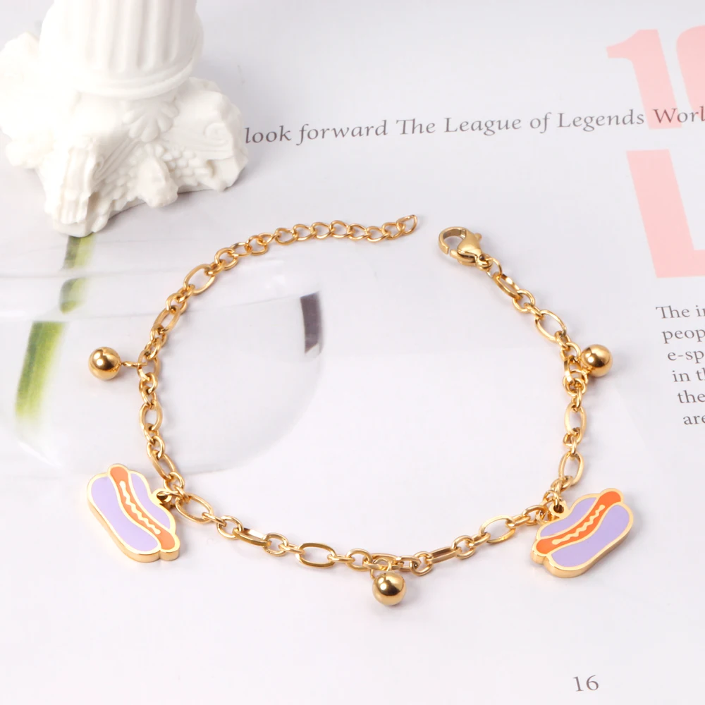 

Trendy Hot Selling 18k Gold Plated Hot-dog Pendant Stainless Steel Bread Bangle Bracelet Jewelry, Gold/silver/mix available