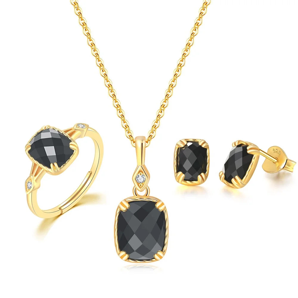 

2021 Valentine's Day Gift 14K Gold 925 Sterling Silver Square Natural Black Agate Gemstone Jewellry Set V067