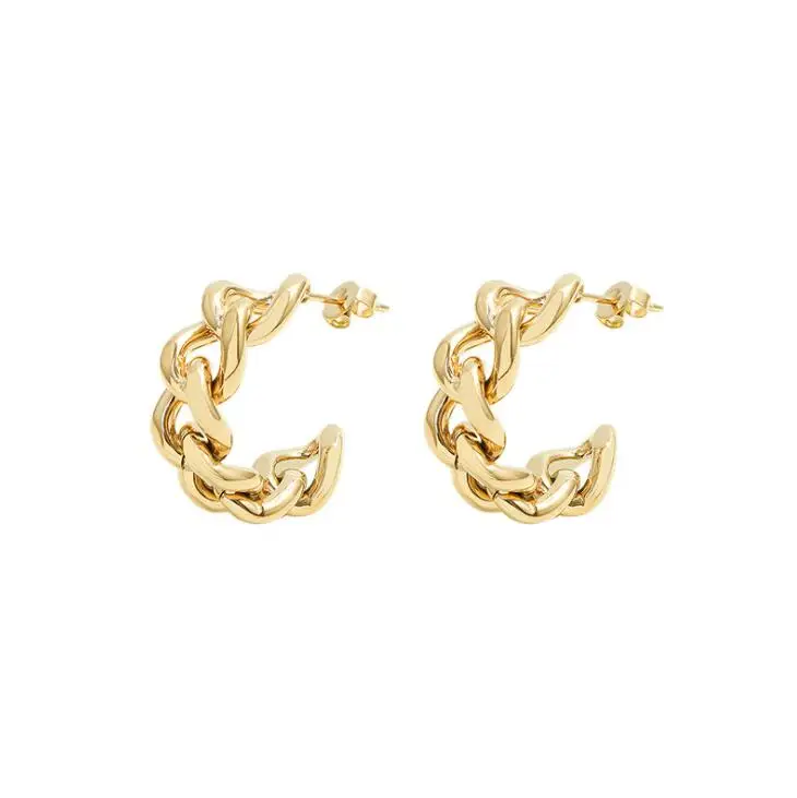

Waterproof Non Tarnish Women Stainless Steel 18K Gold Plated Braided Rope Hollow Open Link Chain Hoop Earrings