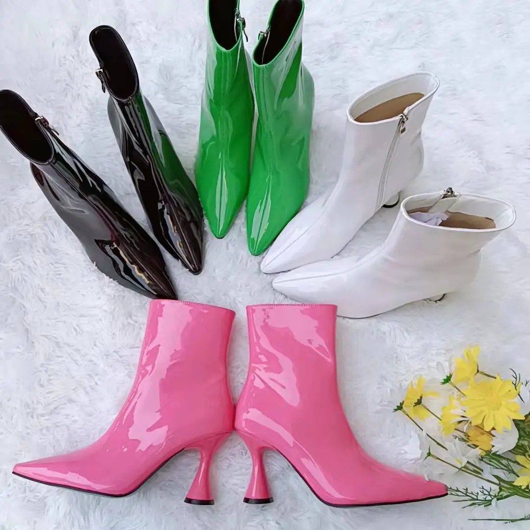 

Amazon Hot Selling Ladies Patent Leather Boots Candy Color Pointed Toe Zipper Shaped Heel Ladies Boots 2021