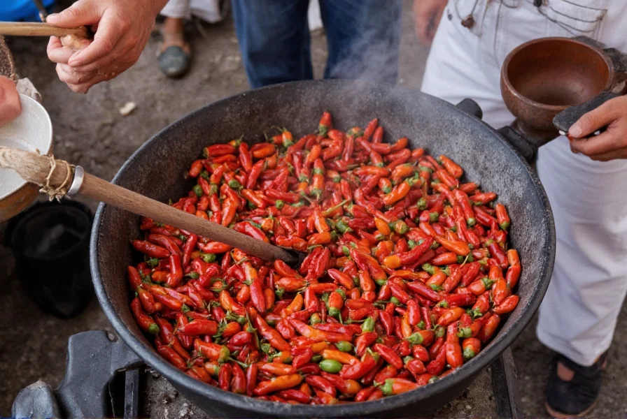 Vendor roasting fresh Hatch chilies in rotating drum at local market