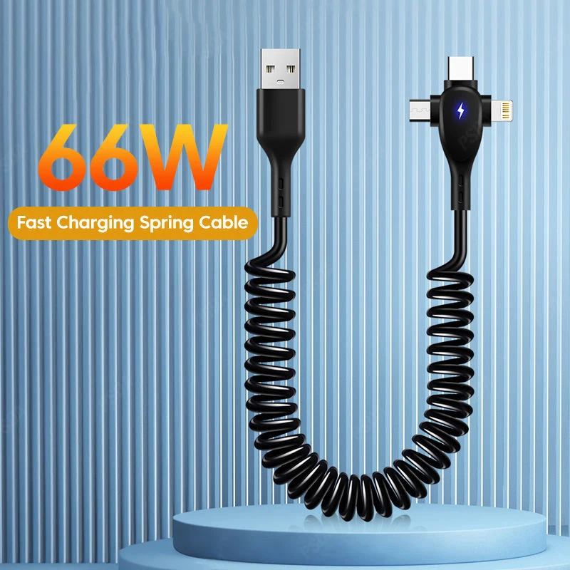 

Eonline 3 in 1 66W 6A Fast Charging USB Type C Cable 3A Micro USB Spring Car For IPH Xiaomi Samsung Realme Phone Charger Cable