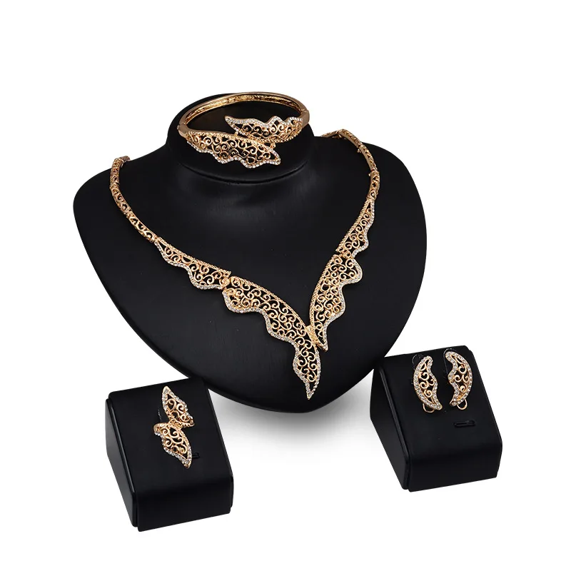 

Fashion African Jewelry Set Circle Link Chain Gold Color for Women Classic Banquet Bracelet Necklace Earing Ring Jewellery Sets, Gold and silver