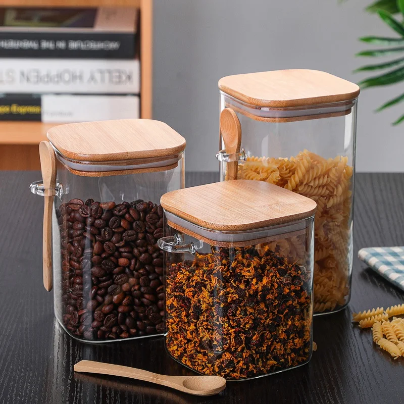 

Wholesale 28oz,35oz,42oz borosilicate jar square glass with wooden spoon, Clear