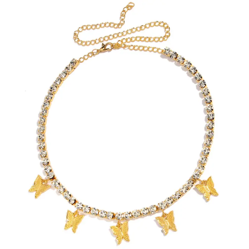 

Personality Hip Hop Jewelry Shiny Bling Iced Out Chocker Chain Crystal Rhinestone Butterfly Pendant Necklace, Colorful