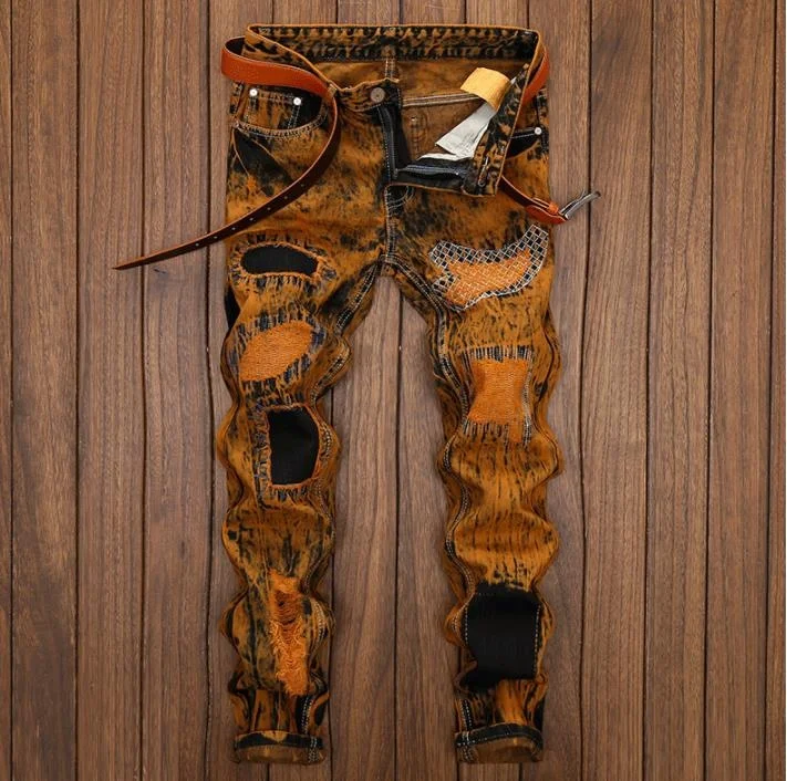 

Personality Casual RippedJeans Vintage pants Yellow Straight trousers