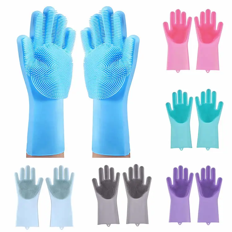 

Custom Wholesale Reusable Eco-friendly Stock Silicone Blue Dish Scrubbing Cleaning Gloves, Pink, blue, purple etc.