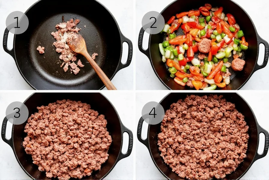 Step-by-step visual guide showing ground beef browning in cast iron pot with onions and peppers