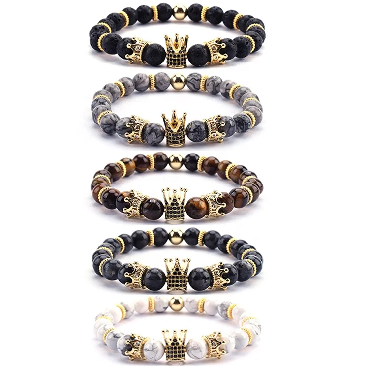 

2020 Jewelry gold White stone crown bracelet volcanic stone bracelet men natural stone bead bracelet