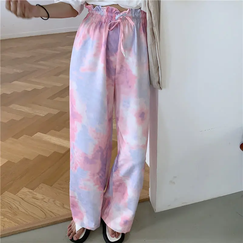 

Wholesale casual Thin Type High Waist Trousers Tie Dye Wide Leg Pants Women drawstring Jogger Pants, Picture colors