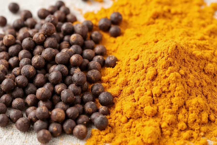 Close-up of black pepper corns next to turmeric root showing enhanced nutrient absorption