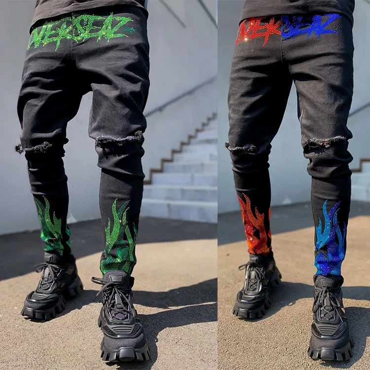 

TG highstreet ripped jeans men's hip hop casual jeans men slim fit Rhinestone skinny denim mens jeans trouser, Customized color