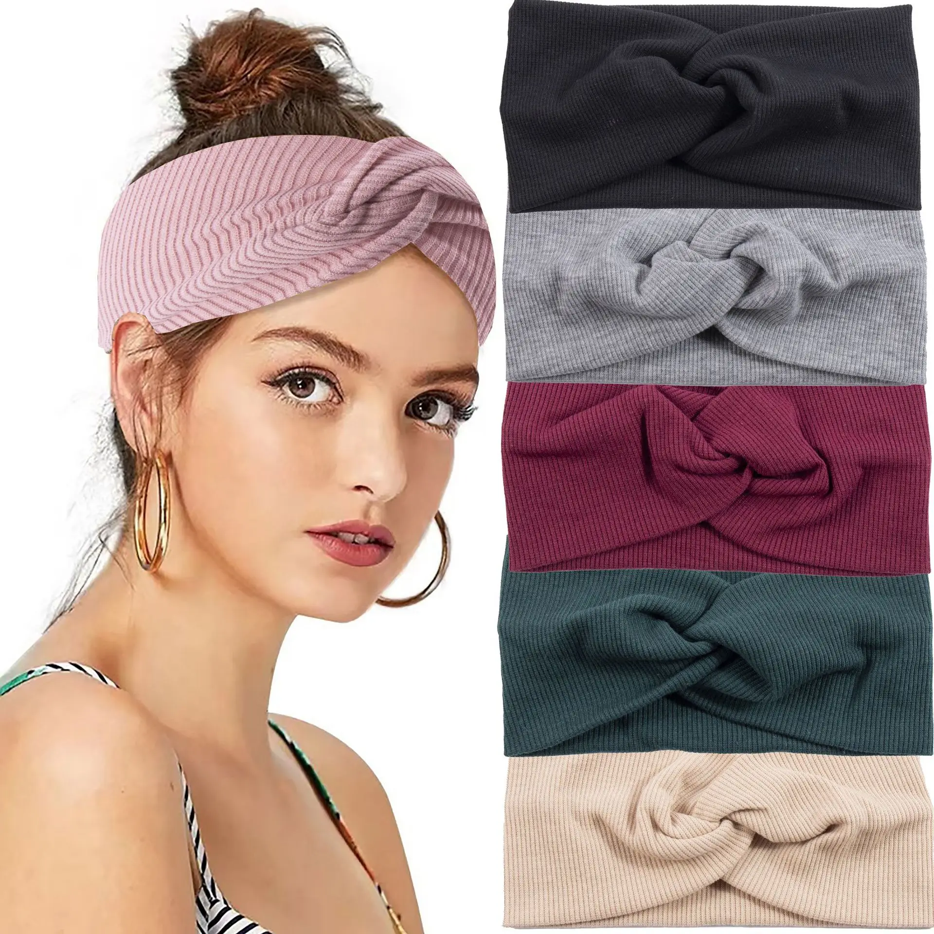 

Wholesale Wide Plain Ribbed Knit Head Wraps Yoga Elastic Sports Cross Twist Knot Turban Headband For Women
