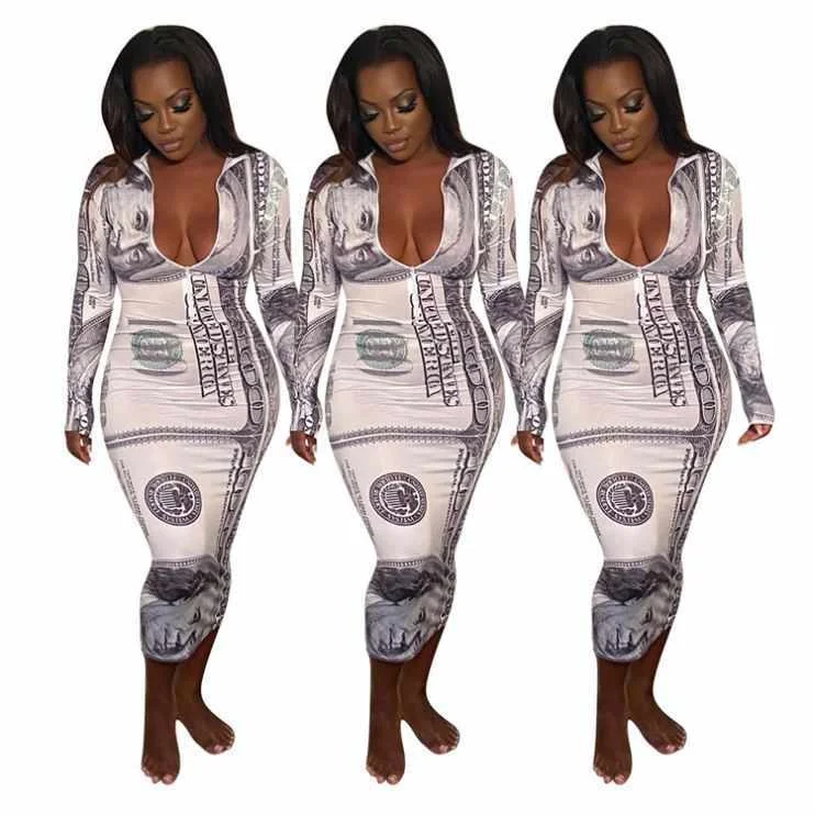 

Casual Dress Fashion Ditigial Print Sexy Deap V Neck Dress Women Dresses Women Lady