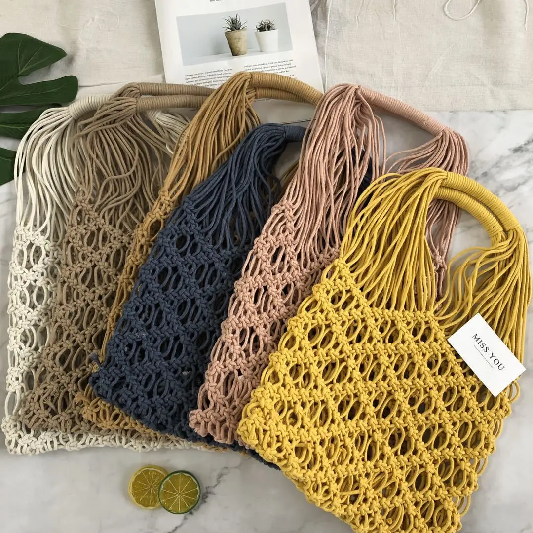 

OEM custom vintage solid color tote women bag ladies tassel fashion macrame hollow handbags, White