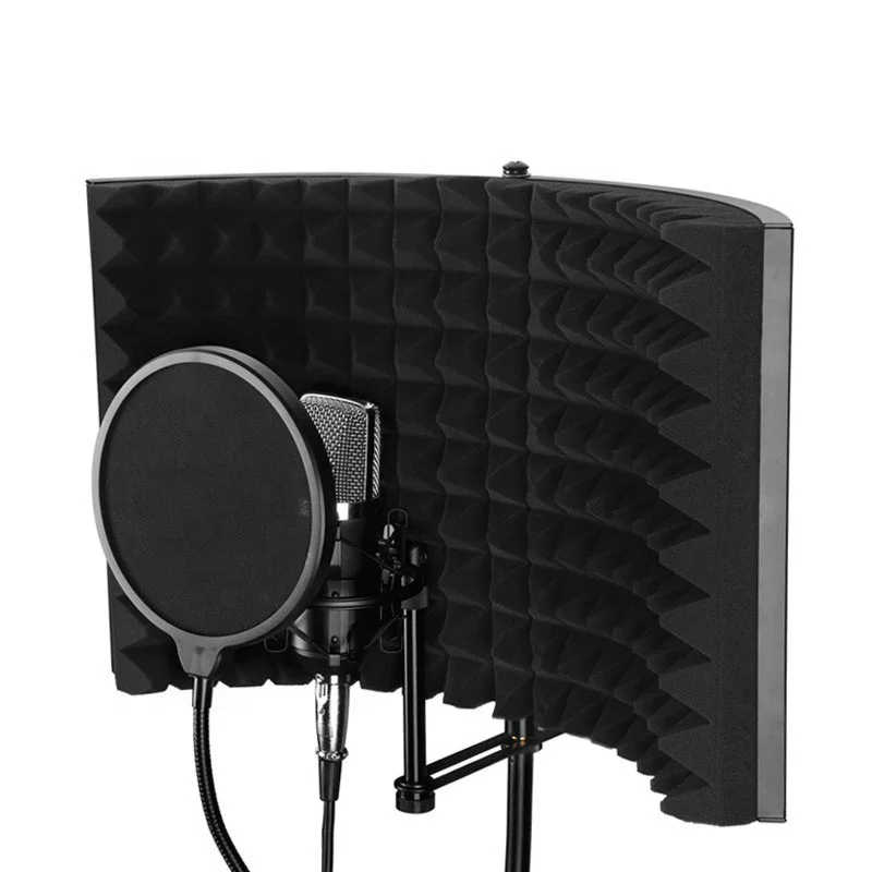 

High-density sound-absorbing foam microphone isolation shield soundproof screen mic stand for recording studio microphone, Black