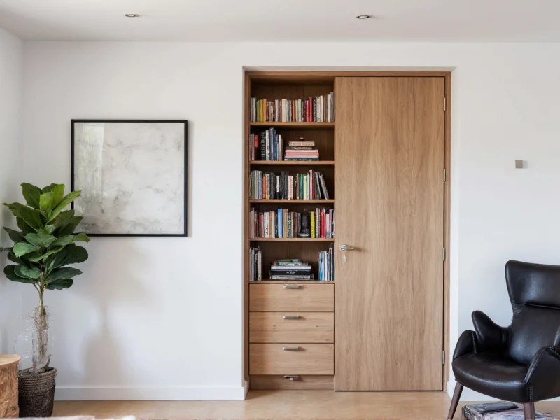 DIY bookcase hidden door seamlessly integrated into living room