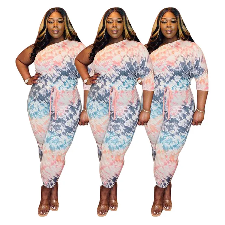 

Hot sale 2021 women 2 piece summer set oblique shoulder plus size women clothing two piece pants set, Picture shown