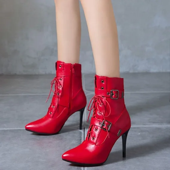 

Fashion Trend Buckle Strap Pointed Toe Side Zipper Women Ankle Boots Fashion Thin High Heel Short Booties For Ladies Big Size 50, Red,white,black,yellow,blue