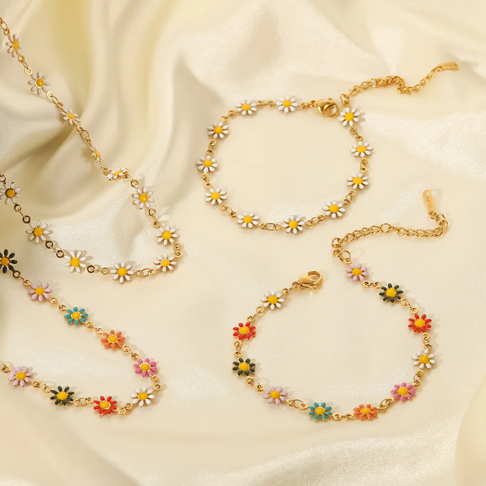 

Wholesale Fashion Jewelry Set Charm 18k Gold Plated Stainless Steel Choker Necklace Set Women Colorful Daisy Chain Bracelet