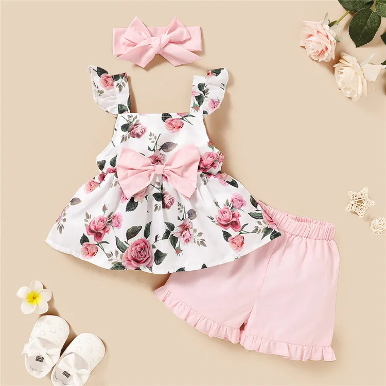

Wholesale Baby Girl Outfit Sets Sling Printed Ruffle Top+Shorts+Waistband 3 Piece Spring Kids Clothes Girl Summer Clothing, Yellow/blue/pink