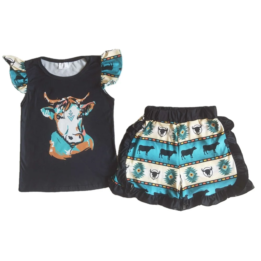 

Toddler Girls Summer Flutter Sleeve Outfit Ruffle Bull Head Print Shirt Western Horse Shorts Kids Clothes Sets Boutique