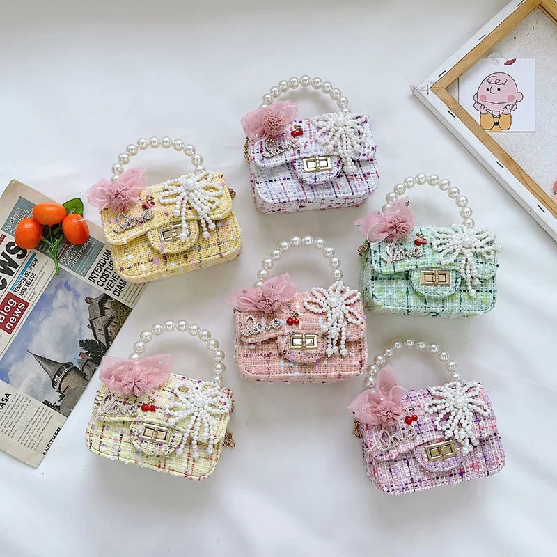 

2021 Latest Arrival Sequins Pearl Small Crossbody Bag Cute Flower Girl Mini Bow Chain HandBag For Children, 6 colors
