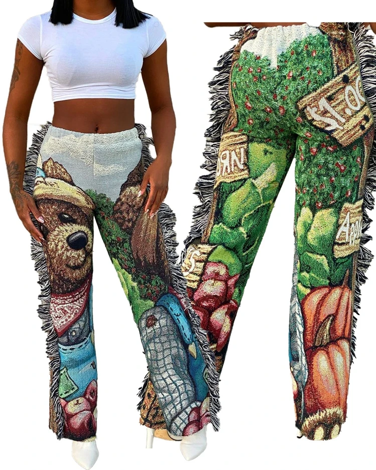 

2021 fancy printed and good quality bear shaped pattern printed spliced straight pants for women