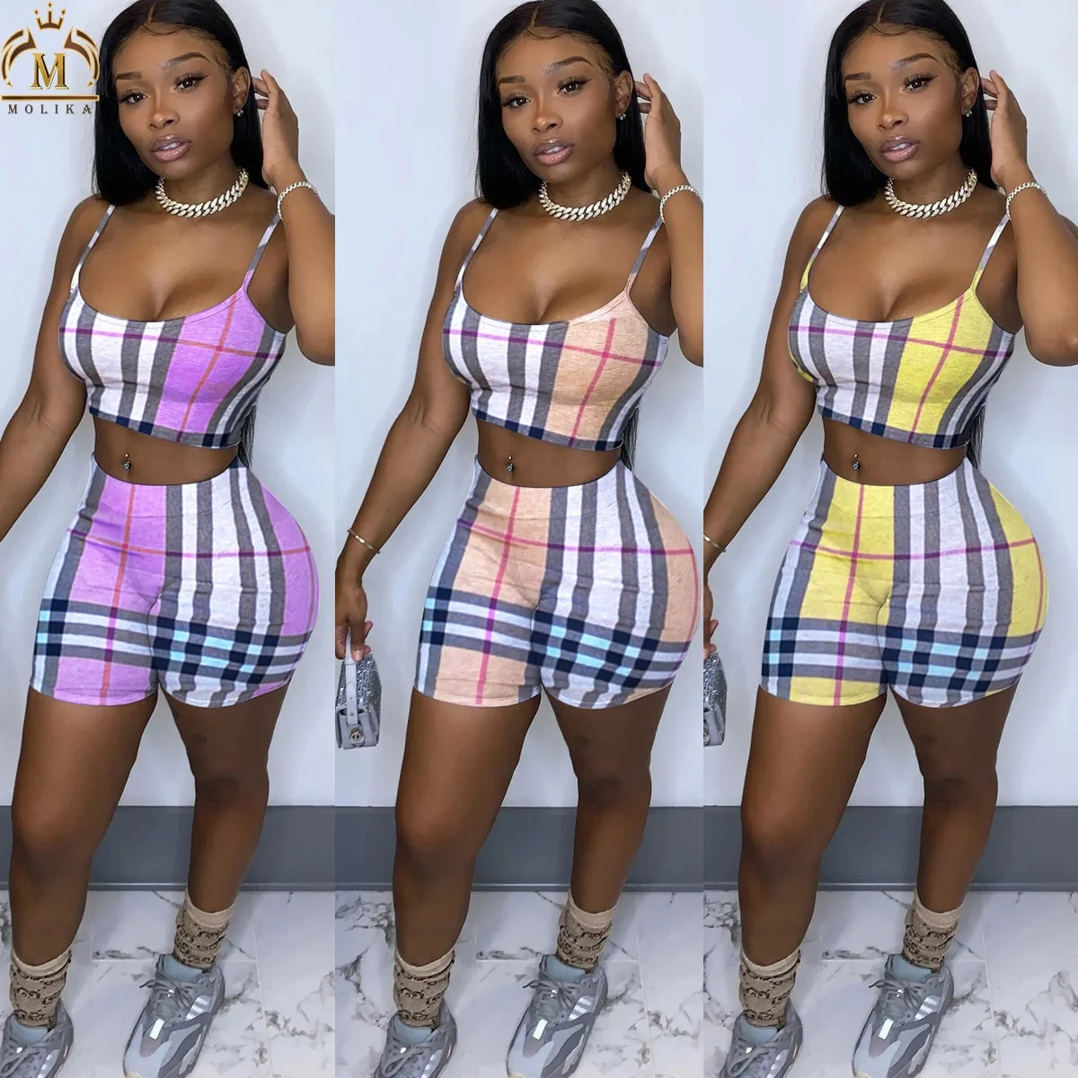 

Hot Selling Summer Women Sets Plaid Crop Tops And Shorts Two Piece Shorts Pants Set Woman Summer Casual Outfits