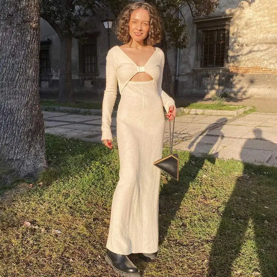 

Kliou K20D09514 2021 New Arrivals Autumn Hollow Out Velvet Long Sleeve Maxi Dress Women Casual Dresses