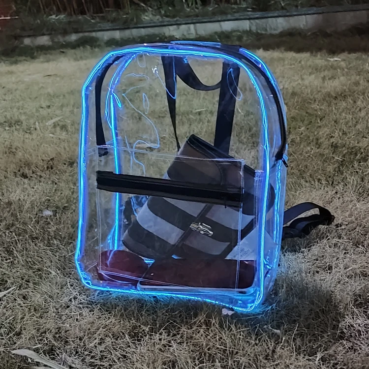 

2021 Fashion Waterproof Pvc Glow Light Up Knapsack El Wire Transparent Bag