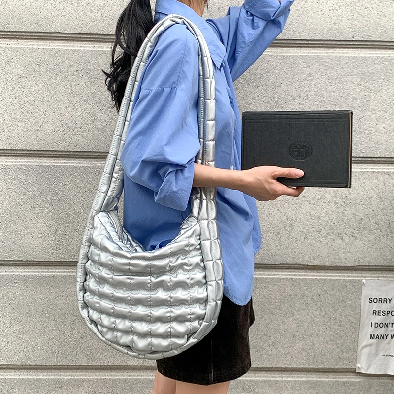 

New Korean Version Of Rhombus Cloud Bag Fluffy Soft Long Shoulder Strap Shoulder Bag Silver Large Capacity PU Leather Puff Bag