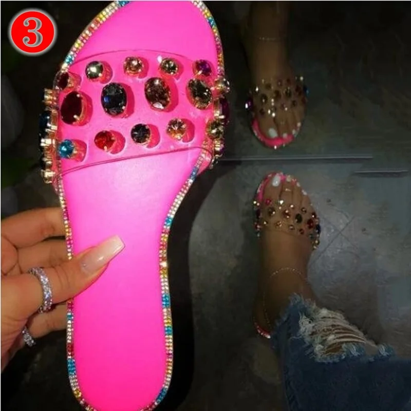 

2020 new summer shining diamond decorations slipper Latest custom slides women snake print diamond rock flat women's sandals