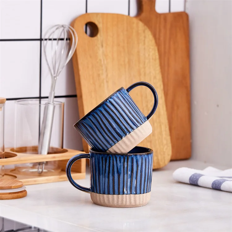 

Wholesale high quality reactive glaze striped blue custom stoneware ceramic cup tea coffee mug with logo