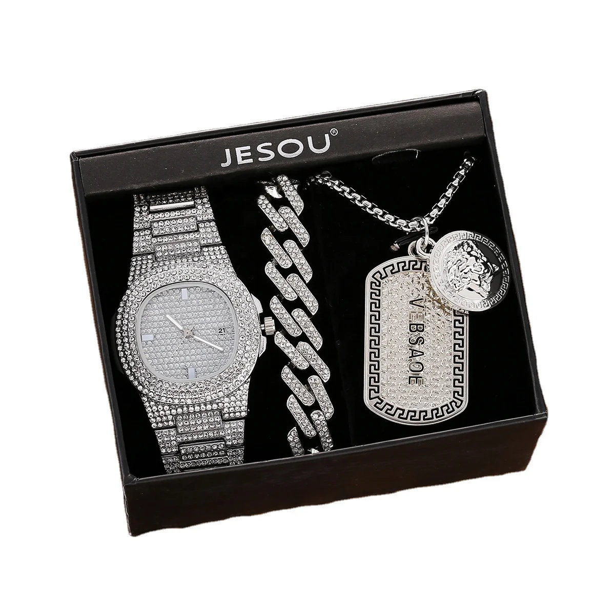 

Stylish Men's Fashion Jewelry Watch Set 3 Pcs Quartz Watches With Rhinestone Bracelet Necklace Punk Silver Wristwatch Set + Box