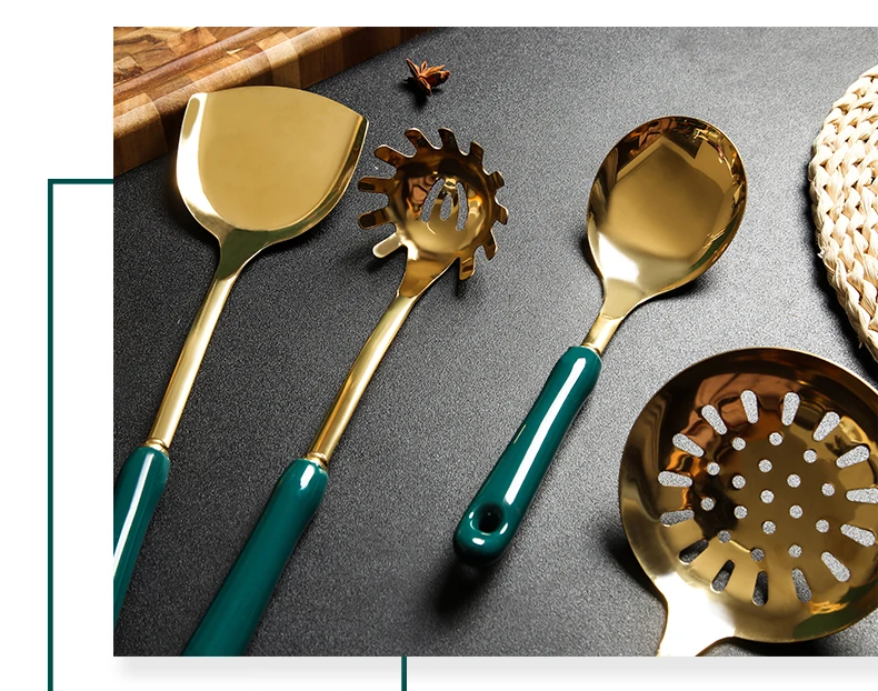 Luxury Dark Green Gold Cooking Tools Set Stainless Steel With Ceramic