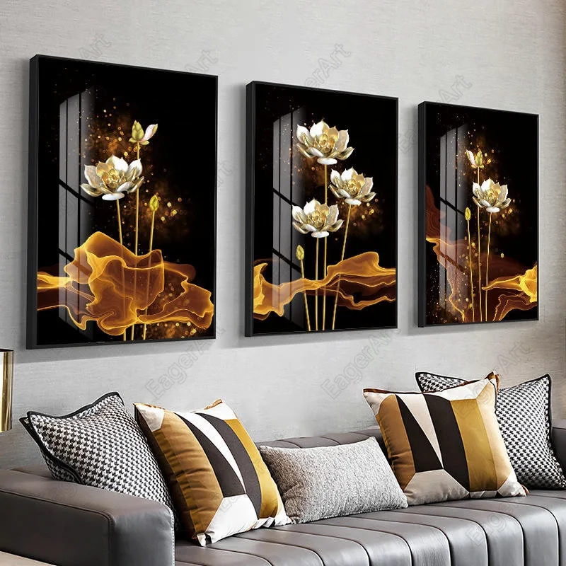 

Golden Lotus Flower Leaf Acrylic Printing Crystal Porcelain Painting Color Ceramic Coating Paintings Mosaic Art Aisle Room Decor