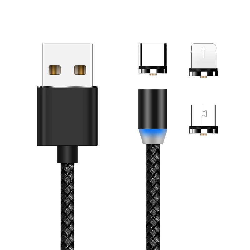 

Nylon braided 2.4A magnet cable led magnetic usb charging cable 3 in 1, Black, grey, pink, silver, gold