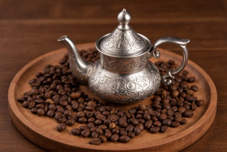 Traditional Middle Eastern coffee pot (dallah) with cardamom pods and coffee beans arranged on wooden table