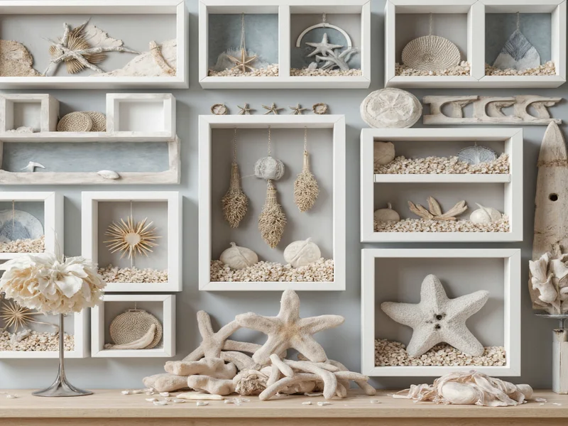 Finished beach crafts display with wind chime and shadow boxes